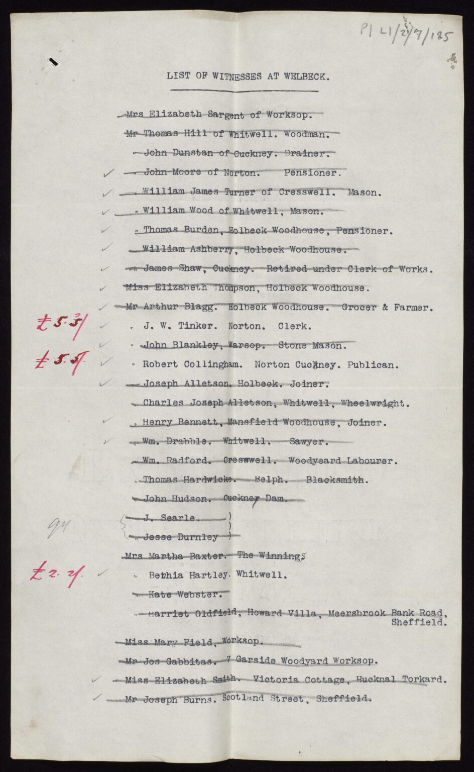 List of witnesses in the Druce case (Pl L1/2/7/125). Courtesy of Manuscripts and Special Collections, University of Nottingham&acirc;